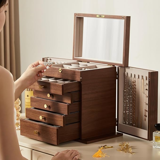 CHOSIN Black Walnut Wooden Jewelry Box, 6-Layer Lockable Wood Jewelry Organizer with Mirror, Side Doors & Brass Handle, Classical Design for Rings, Necklaces, Earrings, Watches, Christmas Gift Idea