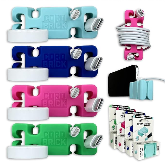 CordBrick Stocking Stuffers for Adults Cord Management Weighted Cord Holder Cable Wrap Phone Stand - Multiuse Gadget Organizer for Nightstand, Desk. Gift for Men, Durable Silicone. 4pk Asst Neutrals