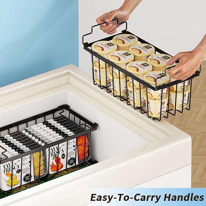 4 Pack Freezer Organizer Bins(14.6‘’L X 7.1‘’W X 5.2‘’H) Suitable for 5-7 Cu.Ft Chest Freezer Sort Frozen Meats | Stackablet Chest Freezer Organizer Bins Get Food Easily w/Handle, Gifts Ideas for Mom