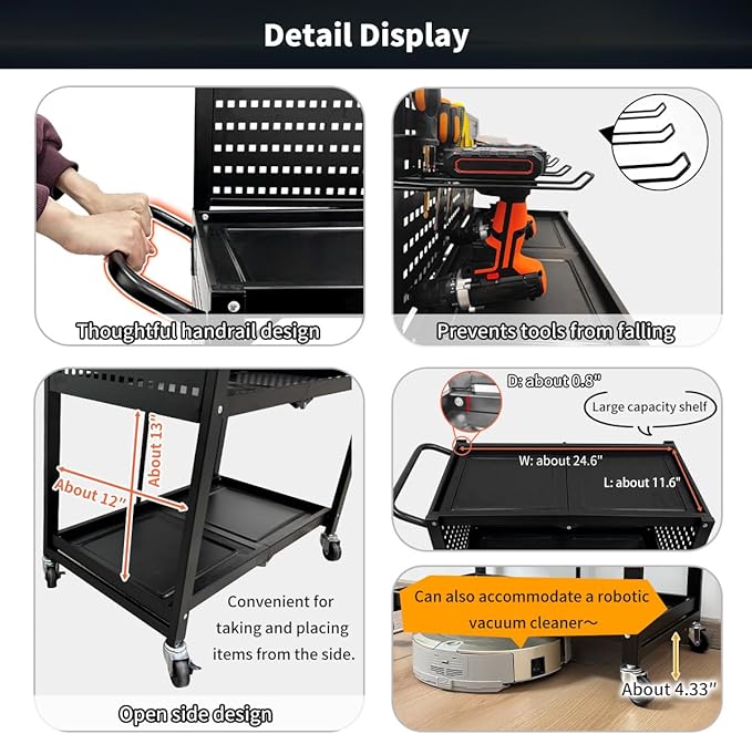 Lumizone Folding Tool Cart with Drawer and Pegboard Hooks Rolling Utility Service Cart on Wheels for Garage Organizer Foldable Power Tool Storage Heavy Duty Steel (Tool Cart with Drawer+Hooks)