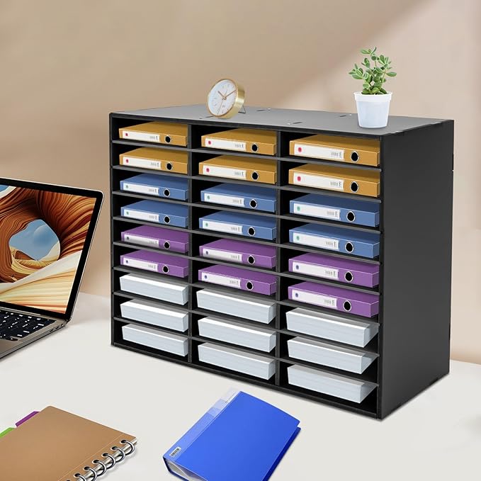 27 Compartments Literature Organizer, Desktop File Sorter Mail Center Paper Storage Cabinet Classroom Mailbox for Files Documents Papers Magazines(White) (Black 27Slots 1)