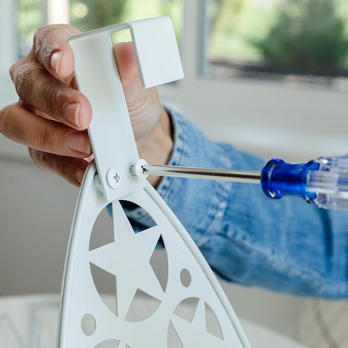 Farmhouse Ironing Board Hanger Wall Mount or Over the Door - Universal Laundry Room Ironing Board Holder Caddy with Iron Holder Shelf - Adjustable Hooks to Hold Ironing Boards Large & Small - White
