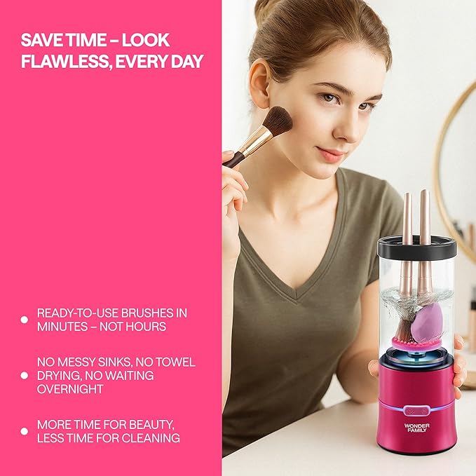 3-in-1 Electric Makeup Brush Cleaner & Dryer – Automatic Washer, Fast Air-Dry & Holder Stand – Cleans Brushes & Sponges, Portable Wireless USB-Rechargeable, Gentle on Bristles, Vanity & Travel Device