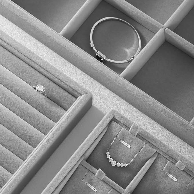 Velvet Ring Display Tray, Stackable Muilt Slot Rings Ear Stud Storage Tray, Drawer Insert Jewelry Accessories Organizers Plate (Gray)