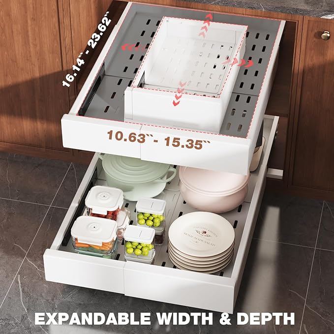 2 Pack Pull Out Cabinet Organizer Expandable Width(11"-16") and Depth(17"-24"),Slide Out Drawers With Raising Pad for Framed Cabinets,No Drill Roll Out Shelves for kitchen,Bathroom,White