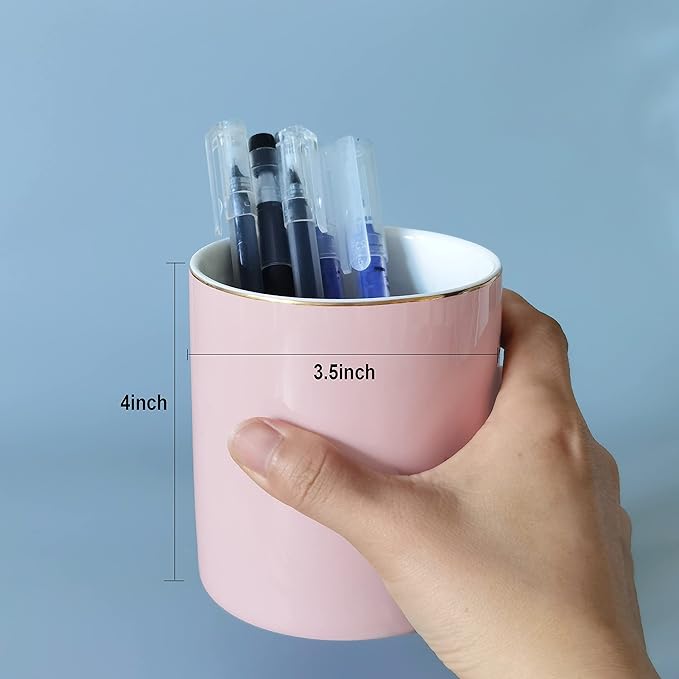 HANKOR Ceramic Pencil Holder for Desk - Cute Gold Trim Pen Aesthetic Makeup Brush Cup Holder Organizer for Desktop Storage Stationery Office Home Supplies, Pink