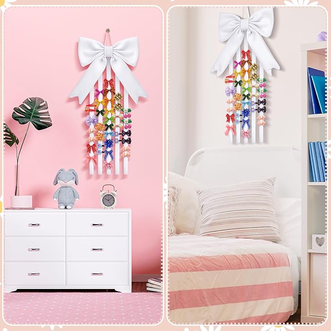 Weysat White Bow Organizer for Girls Huge Bow Holder for Girls Hair Bows Claw Clip Organizer Decoration Accessories with Five Ribbons 20inch*5 Organizador for Room Decor