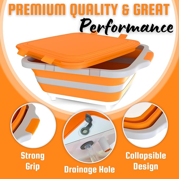 MAYALEAD BBQ Prep Tub with 2 Pcs Meat Shredder Claws, Collapsible Cutting Board, Cutting Board with Locking Lids, Drip Easy BBQ Prep Tub with lid-XL Size (Orange)