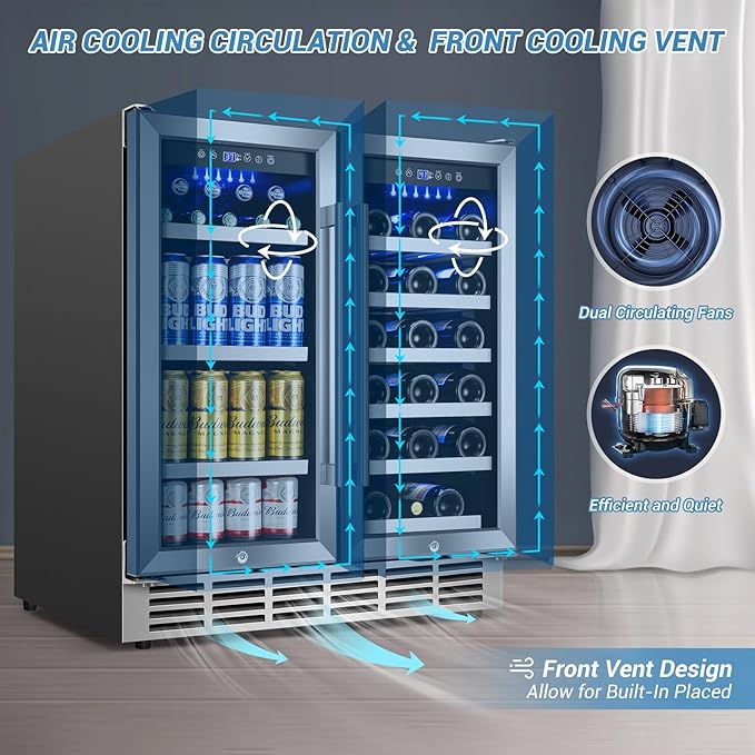 30Inch Wine and Beverage Refrigerator - Dual Zone Beverage Cooler Under Counter, Holds Up to 30 Bottles & 90 Cans Drink and Beer Fridge Built-In for Home Kitchen Bar and Office