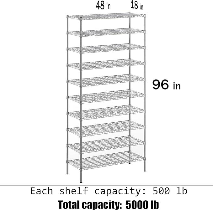 18" Deep x 48" Wide x 96" Height Wire Shelving Kit | 10-Tier | NSF Commercial Storage Rack Unit