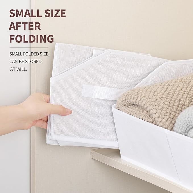 Closet Baskets for Shelves - Decorative Storage Baskets with Handle, Trapezoid Closet Bins for Organization, Shelf Storage Bins for Clothes, Books, Home, Office, 8 Pack, White