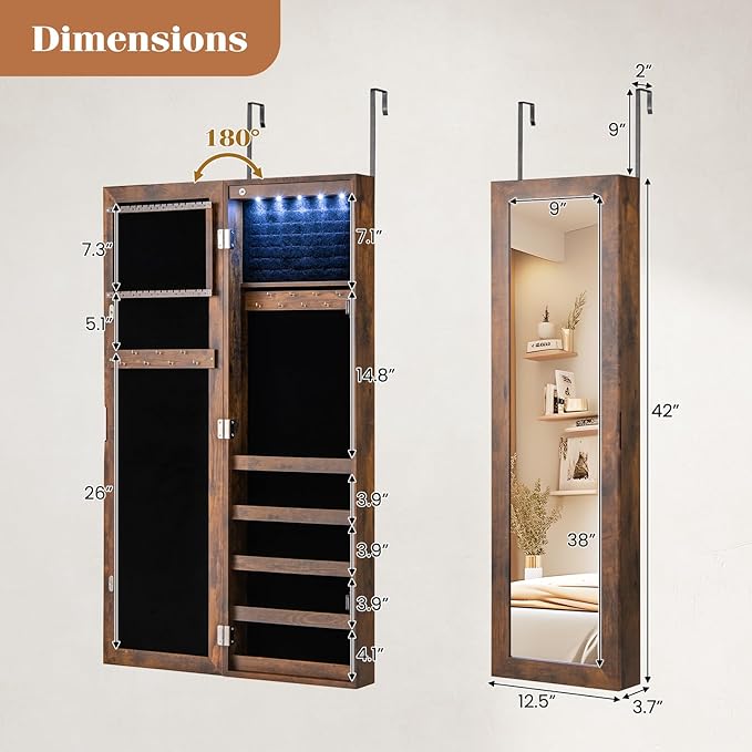 Giantex Wall or Door Mounted Jewelry Cabinet with Full Length Mirror, Over The Door Jewelry Armoire Organizer with Lights, Large Storage with Necklace Hooks, Earring Slots & Shelves (Rustic Brown)