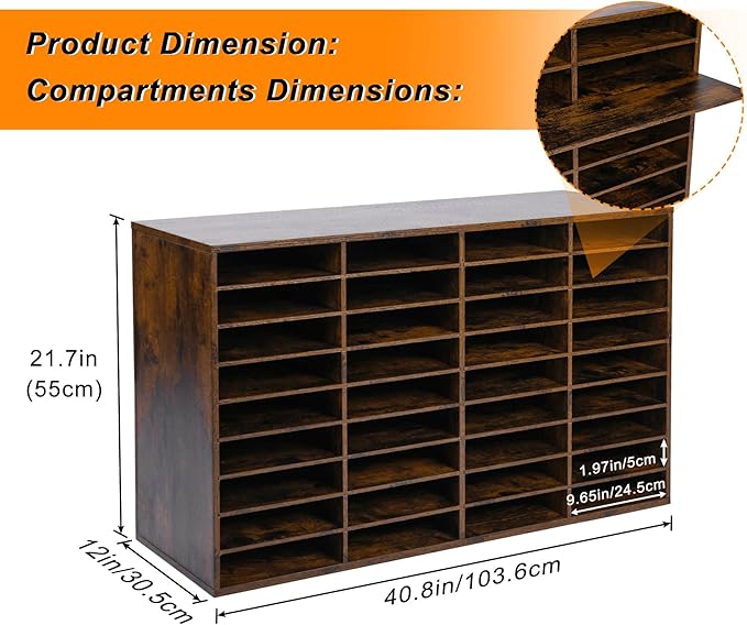 TQVAI Literature Organizer, Heavy Duty 36 Compartments Countertop Mail Organizer with Adjustable Shelves, Wooden Desk Paper Storage Organizer, Mailboxes Cubbies for Office, Classroom, Anqitue