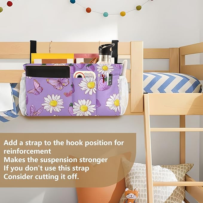 Purple Cute Daisy Butterflies Strawberry Bedside Caddy for Dorm Bed Bedside Hanging Caddy Bag Iron Frame Storage Organizer Pocket for Bunk Home College Hospital Beds 2 Hooks