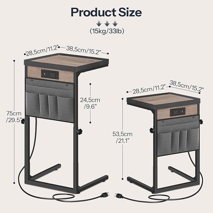 HOOBRO C-Shaped End Table with Charging Station, 29.5” Adjustable Height Side Table with Storage Pocket, Sofa Tray Table Slide Under Couch, for Living Room, Bedroom, Greige and Black BG78USF01