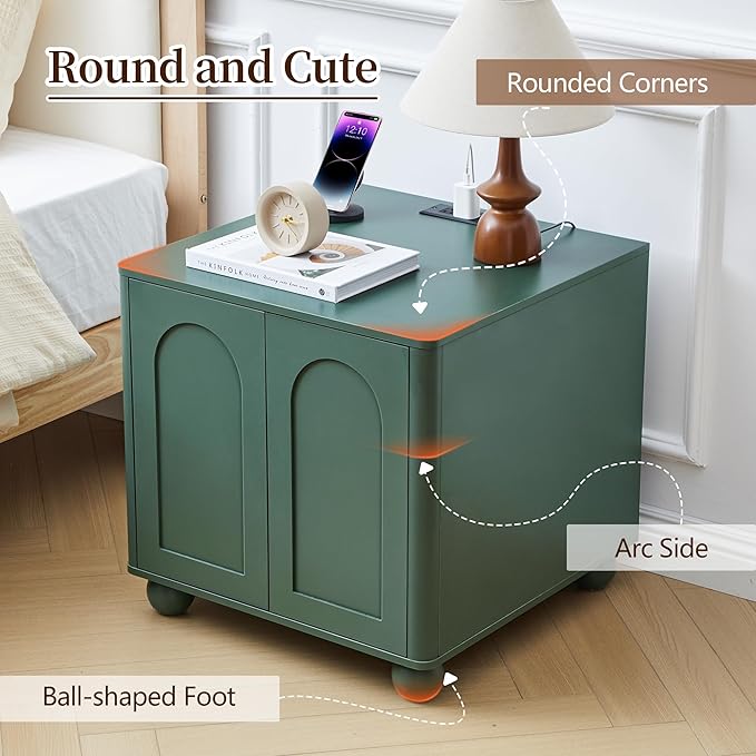 Bed Side Table with Charging Station, Mid Century Modern Nightstand with 2 Doors, Square End Table with Storage for Couch,Living Room,Small Spaces, Sofa Side Table for Office,Dorm - Green