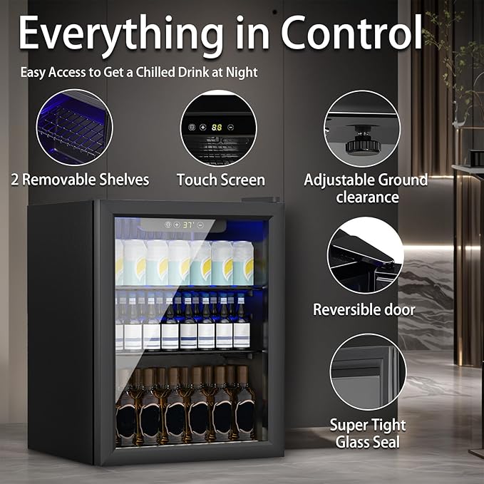 Compact 70 Can/1.7Cu.Ft Mini Fridge For Soda, Beer Or Wine, Portable Small Beverage Refrigerator With Digital Display&Removable Shelves &Reversible Glass Front Door For Office, Dorm, Bar