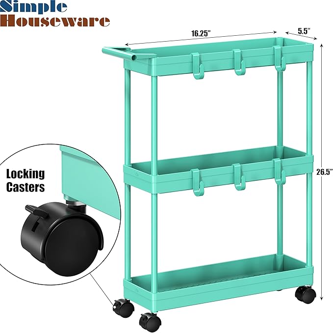 Simple Houseware 3-Tier Slim/Narrow Storage Cart with Handle, 5.5'' Wide x 26.5'' Height Rolling Organizer for Kitchen, Bathroom, Laundry Room - Turquoise