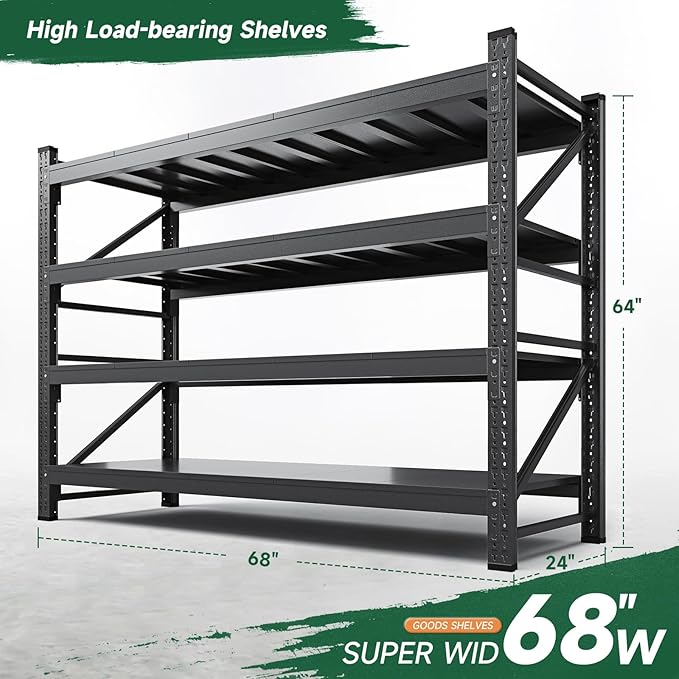 Letaya 68" W Storage Shelves Heavy Duty, 7000LBS Garage Shelving Units, 4 Tier Adjustable Utility Rack Shelf,Large Metal Industrial Shelves,for Shop,Warehouse,Basement (68" W x 24" D x 64" H)