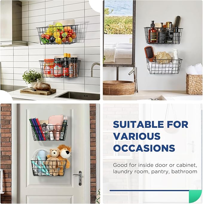 2 Pack Hanging Wall Basket Wire Storage Baskets, Adhesive Basket for Cabinet Door Organizer No Drilling, Hanging Fruit Baskets for Kitchen, Pantry Organization, Bathroom, Black