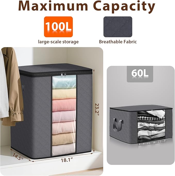 SpaceWhisper 6 Pack 100L Clothes Storage, Foldable Thick Fabric Blanket Storage Bags, Containers for Organizing Bedroom, Closet, Clothing, Comforter,Closet Organization with Handle,Grey
