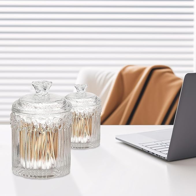 Qtip Cotton Ball Hair Ties Candy Holder Makeup Storage Bathroom Accessories Organizer Thick Glass Apothecary Jars with Lid, 2pcs (Clear)