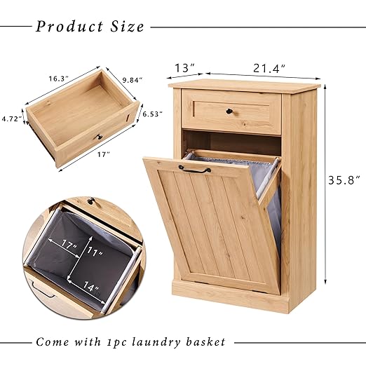 Tilt Out Trash Can Cabinet, 10 Gallon Farmhouse Laundry Hamper Cabinet with Drawer, Hidden Wooden Trash Garbage Can Bin with Storage Basket for Kitchen, Living Room (Natural)
