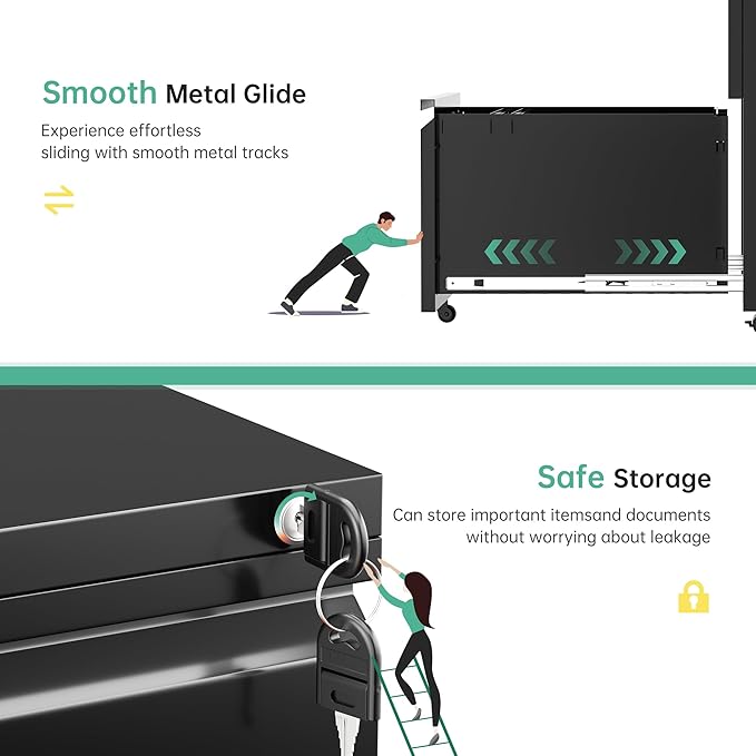 Bonusall 2 Drawer File Cabinet, Metal Rolling File Cabinets with Lock, Filing Cabinets for Home Office Fit A4/Letter/Legal, Easy Assembled, Black