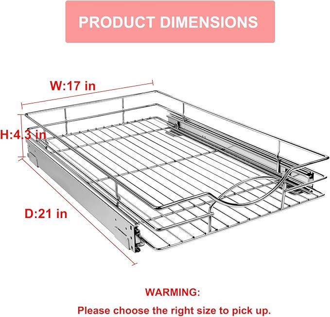 Pull Out Cabinet Organizer 17" W x 21" D, Heavy Duty Kitchen Cabinet Pull Out Shelves, Slide Out Wire Basket for Kitchen Cabinets, Bathroom, Pantry, Chrome Finish