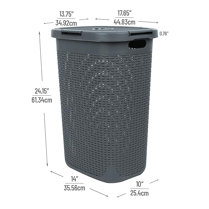 Mind Reader Slim Laundry Hamper with Lid, 60L Clothes Basket, Premium Wicker Design, Plastic, Gray