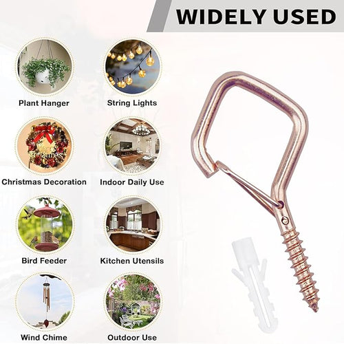 10PCS Eye Screw Hooks for Hanging Heavy Duty with Safety Buckle.Metal Ceiling Hooks for Hanging Plants,Cup,Wind Chime,Bird Feeders,christmas String Lights at Indoor&Outdoor,2.36 Inch(No Drill Bit)