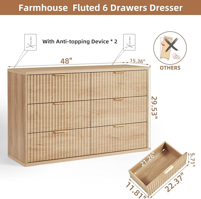 LEYAOYAO Fluted 6 Drawers Dresser Set of 2, 48" Wide Modern Chest of Drawers with Wood Grain Top, Curved Profile Design, Dresser TV Stand, Wooden Drawer Organizer for Bedroom, Living Room,Natural