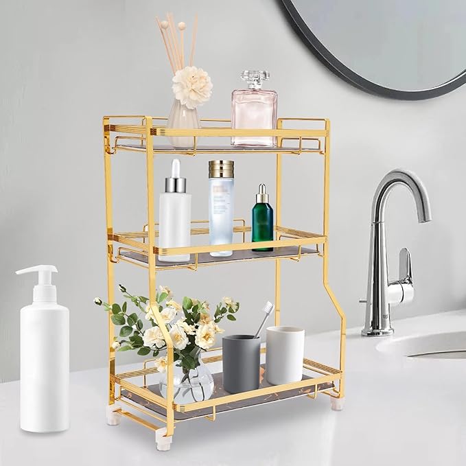 Bathroom Countertop Organizer, Gold Cosmetics Perfume Storage Display Rack Bathroom Counter Organizer for Small Spaces Skincare Makeup