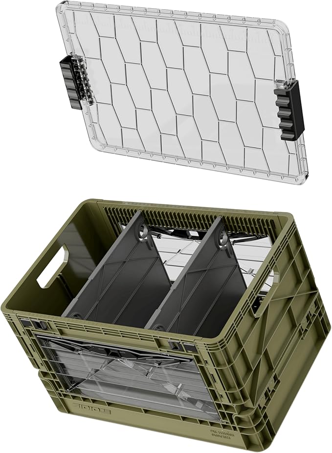 SIDIO Full-Size Collapsible Crate - Heavy Duty Stackable Storage Bin with Lid & 2 Short-Ways Dividers, Durable Plastic Organizer for Home, Office, Garage & Outdoor Use (Green)