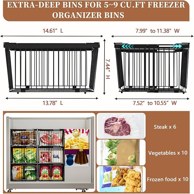 Large Freezer Organizer Bins，Upgraded Bottom Leak-Proof net，Fit 5 to 9 Cu Ft Chest Freezer，3 Pack， Expandable Stackable Chest Freezer Containers with Handle