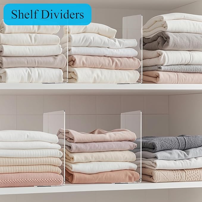 Shelf Dividers for Closet Organization: 10" Tall x 12" Deep Acrylic Closet Shelf Dividers for Clothes Sweater Purse - Free Standing Clear Separators for Shelves