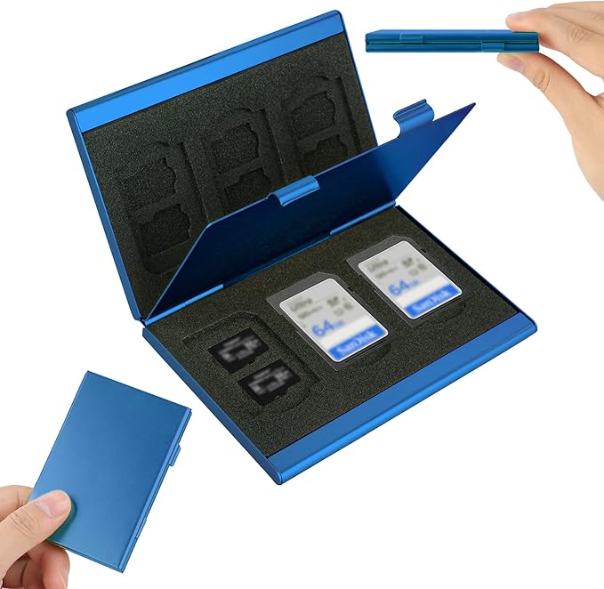 SD Card Holder, SD Card Case, LAVILI CF Memory Card Holder Case Aluminum Alloy Hard Shell, Double-Layer Capacity for 6SD Cards and 12 TF Cards Blue Color