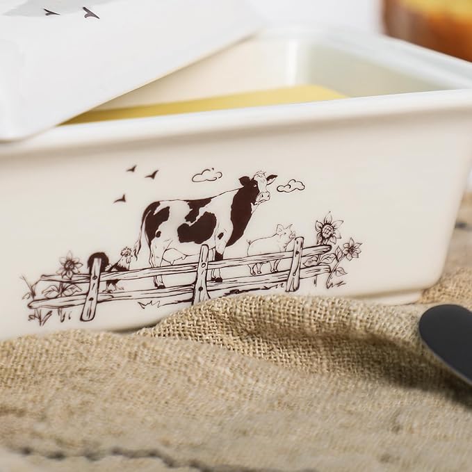 Ceramic Butter Dish with Lid Butter Keeper Butter Plate Tray for Kitchen Countertop, Farm Animals Cow Pig and Rooster Pattern Butter Crock Keeper Saver