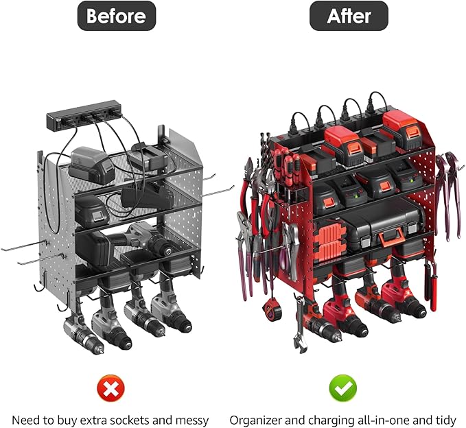 CCCEI Modular Pegboard Rack Power Tool Organizer with Charging Station. 4 Layer Wall Mount Drill Holder, Red Tool Battery Charger Organizer. Garage Shop Storage Utility Shelf with Power Strip.