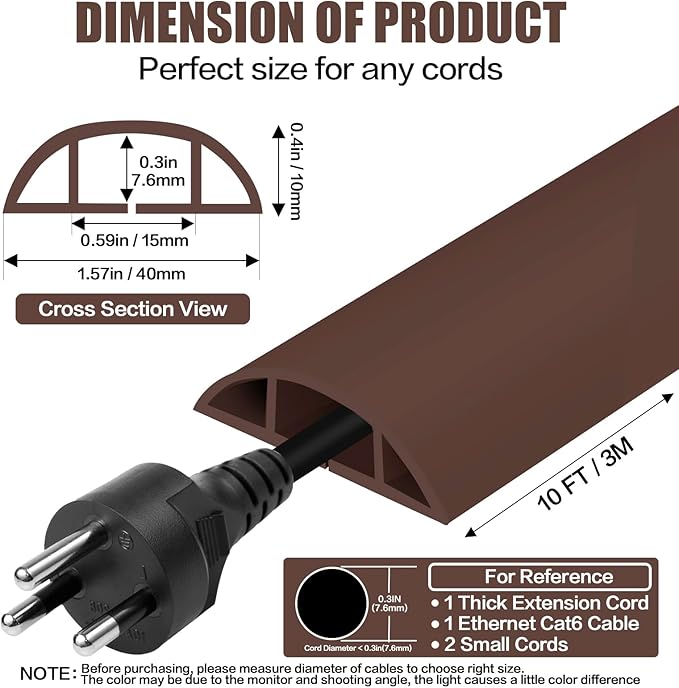 Floor Cord Cover Self Adhesive Cord Hider,10FT Cable Management, Extension Strip Protector for Wires, Prevent Cable Trips for Offices, Gyms, Exhibitions Cavity:0.51"(W) x 0.3"(H) Coffee