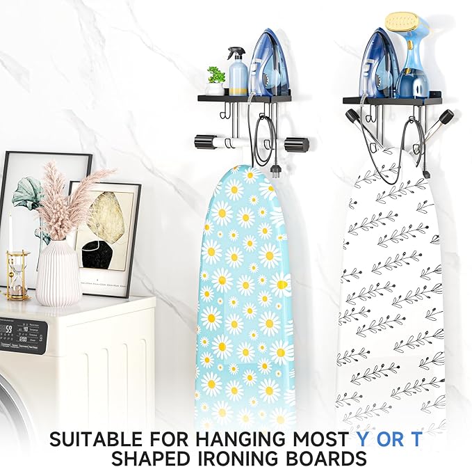 Ironing Board Holder Wall Mounted, Black Iron Holder for Laundry Room, Metal Iron Board Wall Hanger with Storage Shelf, Ironing Board Hooks for Laundry Room Livingroom Bathroom (Y or T Leg)