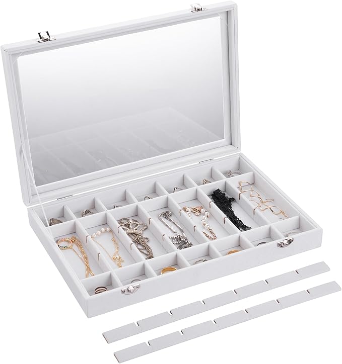 Frebeauty Velvet Jewelry Tray,35 Grid Jewelry Organizer with Clear Lid,Earring Holder Organizer Case with Clasp,Drawer Insert for Rings Studs,13.8 x 9.5 x 2 Inches,Gift for Women Girls(White)