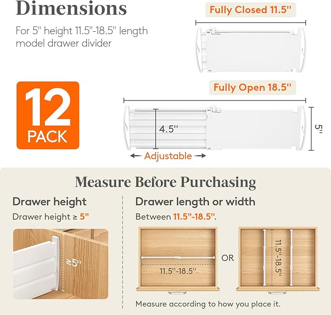 Lifewit 5" Tall 12 Pack Deep Drawer Dividers, 11.5-18.5" Expandable Drawer Divider for Clothes, White Dresser Drawer Storage Organizers, Clothing Drawers Separators for Dresser, Kitchen, Bedroom