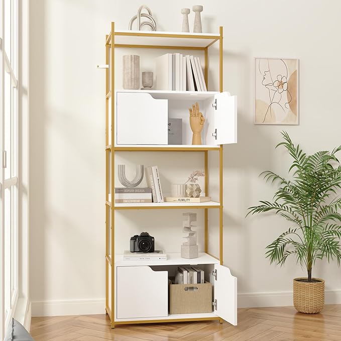 Industrial Bookshelf, Bookcase with 2 Cabinets, 6-Tier Display Book Shelf with Doors for Living Room, Home Office, Bedroom, Washroom, White and Gold