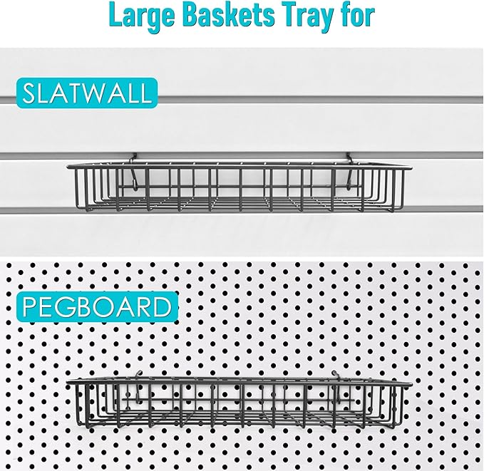 G.CORE Large Peg Board Baskets - 2 Pack Metal Shallow Tray Shelves for 1/4 Pegboards - Spray Bottle Holders Can Organizers for Garage Workbench Shop Hobby Craft Tool Organization (Black)