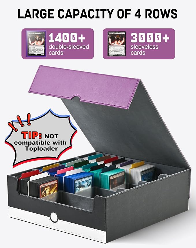 ZLCA Card Storage Box Holds 3200+, Deck Storage Case with 4 Stoppers, Card Organizer for TCG MTG PTCG(Purple& White)