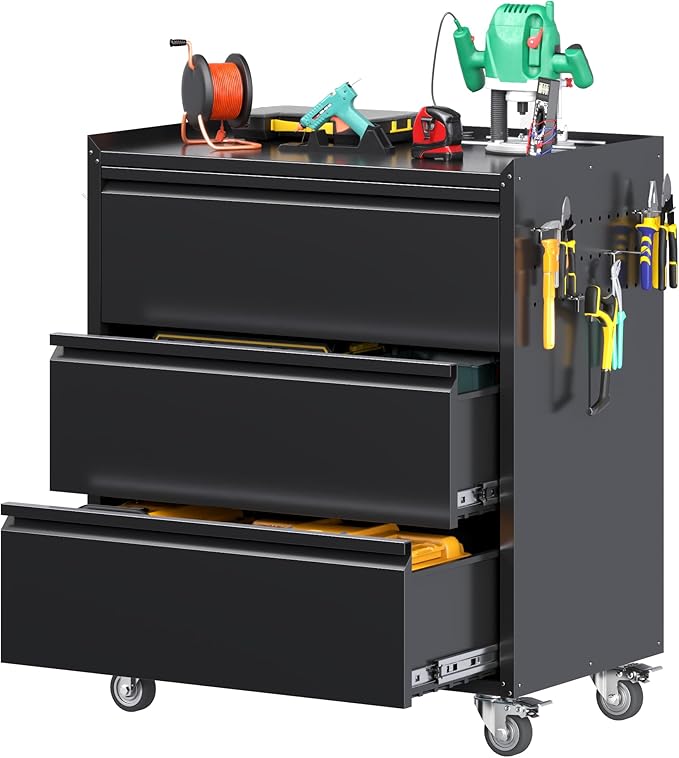 Aobabo Metal Storage Cabinet on Wheels, Black Tool Garage Cabinet with 3 Drawer, for Home Office, Assembly Required