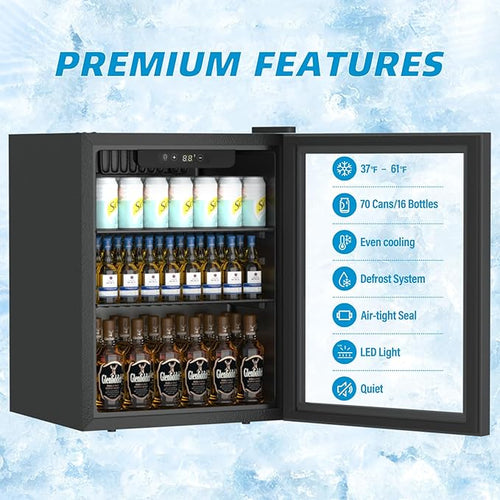 1.6 Cubic Feet Mini Fridge, 70 Can Freestanding Beverage Refrigerator with Glass Front Door for Soda, Beer Under Counter Small Refrigerator with Adjustable Shelves and Digital Display(Black)