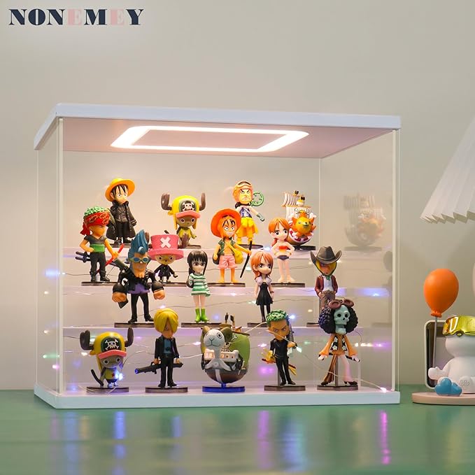 NONEMEY Clear Acrylic Display Case Stand with LED Light 2/3/4/5/6 Tier Storage Box Showcase Dustproof Organizer Box for Collectibles (White 5Tier 12.4*12.2*12inch )
