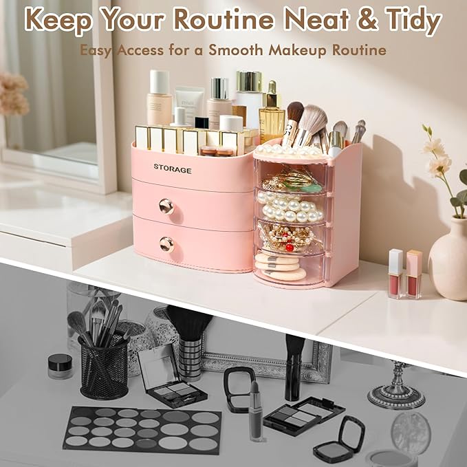 XIAPIA Makeup Organizer Countertop, Make Up Organizer for Vanity, Skincare & Cosmetic Organizers with Drawers, Bathroom Organizers Storage for Brush Holder|Lipstick|Jewelry, Ideal Gift for Women PINK